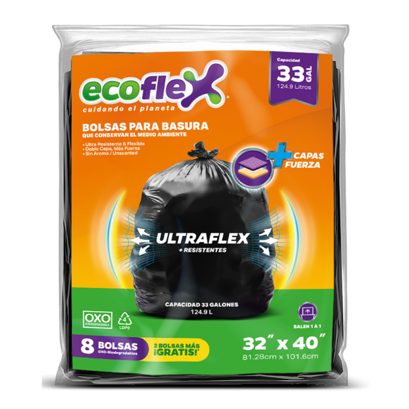 Bolsas de Basura Ecoflex Biodegradable Grande 32x40 Pack-8